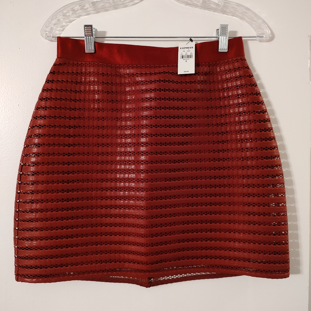Red skirt with solid and sheer stripes